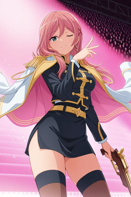masterpiece, best quality, amazing quality,
<lora:Yachiyo_IL:1> yachiyo, 1girl, one eye closed, solo, epaulettes, weapon, long hair, pink hair, thighhighs, jacket, jacket on shoulders, skirt, holding, holding weapon, smile, belt, cowboy shot, x hair ornament, hair ornament, standing, black skirt, closed mouth, looking at viewer, long sleeves, miniskirt, stage outfit