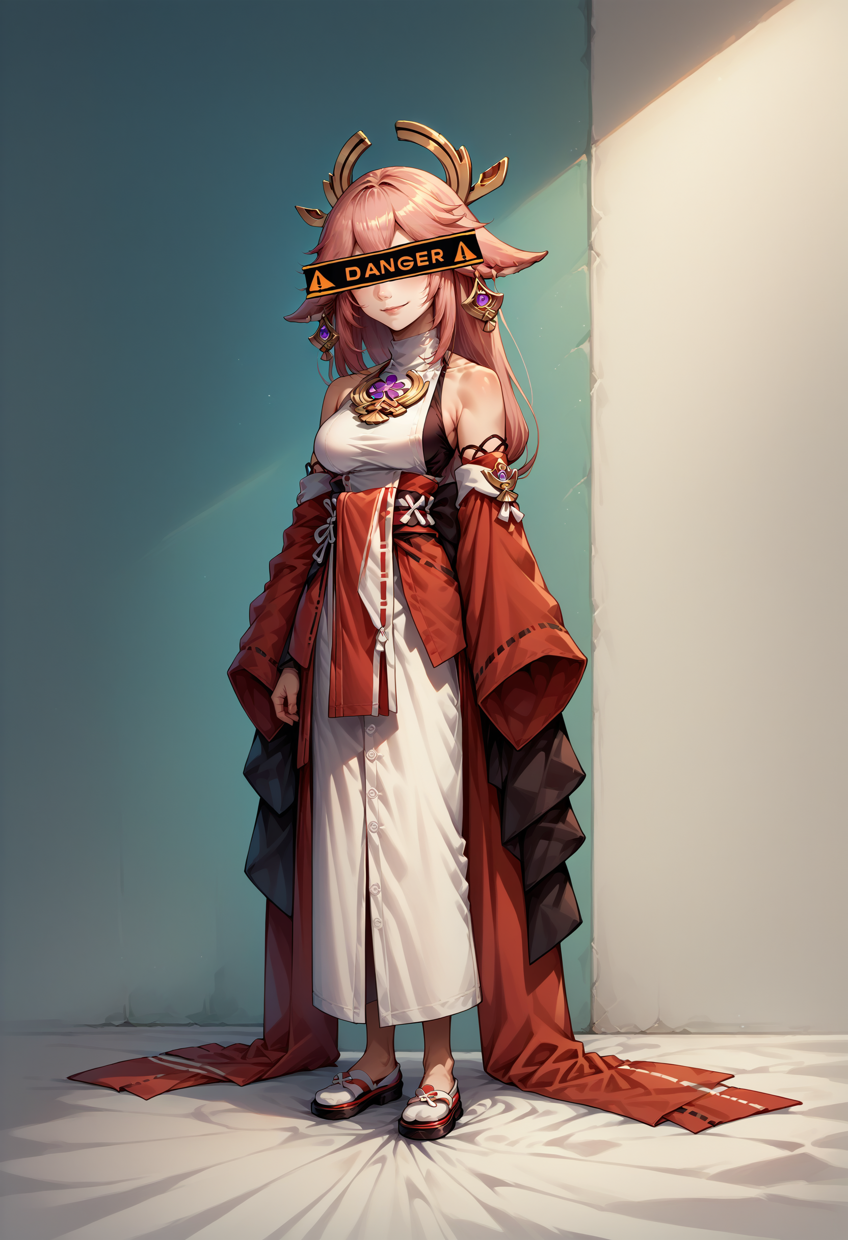 score_9, score_8_up, score_7_up, source_anime, 1girl, DangerCensor, identity censor, <lora:DangerEyeCensor_XLPD:1.2>, yae miko, seductive smile, full body, standing,