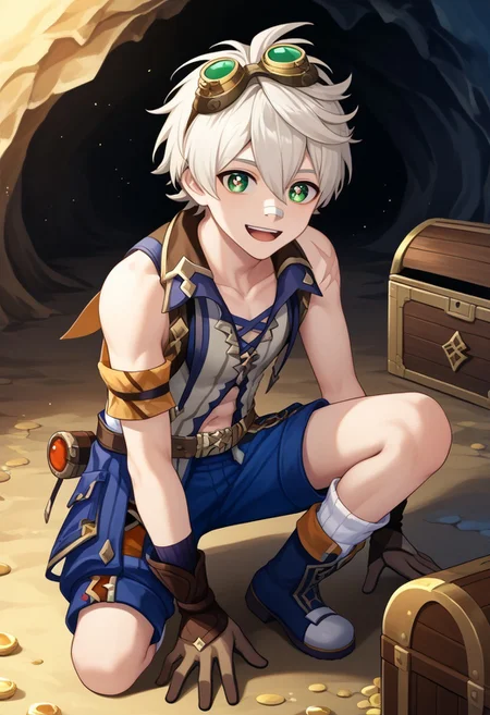score_9, score_7_up, source_anime,
bennett, 1boy, male focus, solo, green eyes, grey hair, short hair, hair between eyes, bangs, goggles, goggles on head, bandaid, bandaid on nose, shirt, white shirt, sleeveless, collarbone, scar, scar on arm, midriff, navel, gloves, brown gloves, belt, shorts, blue shorts, socks, white socks, boots, blue footwear, vision (genshin impact), belt bag, on one knee, happy, sparkling eyes,
indoor, cave, treasure chest,