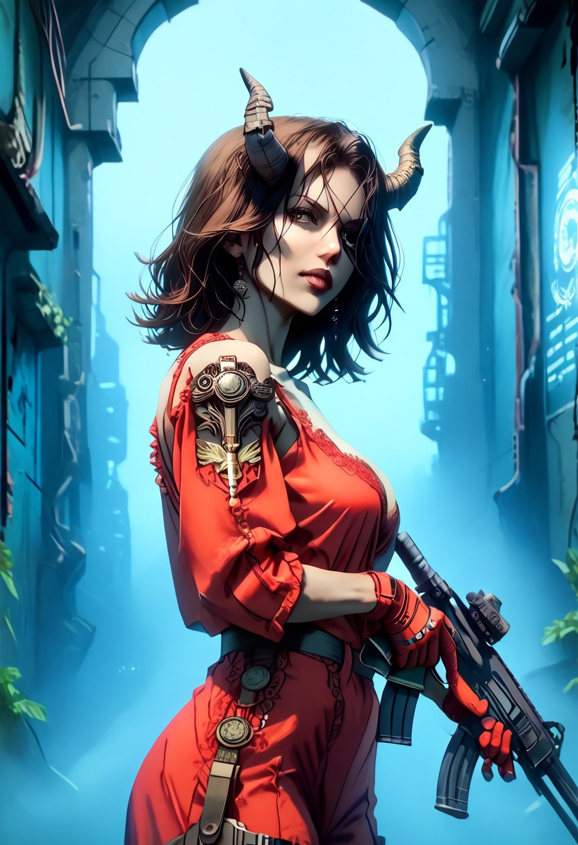 score_9, score_8_up, score_7_up, score_6_up, , demon, horns, futuristic, scifi, plugin, red latex, metal shoulder pads with a yellow stripe on the sides, (metal shin and foot protection), (black joggers: 1.2), large breasts, wide hips, thick thighs, solo, medium hair, (yellow:blue:0. 4) hair color, hair over one eye, gloves, beatiful face, perfecteyes, body 3/4,  (Standing half-turn view :1.2), half-side view, 
BREAK, ho1ding-weap0n, 1girl, holding Shotgun in hands, shotgun at waist level, weapon shoots, flash, shoots sparks, weapon shoots, 
BREAK,  Metal hangar, ruins, hangar in ruins, BREAK, g0thicPXL, grin, technology, glowing, neon, holographic display, synozic style, gray skin, (masterpiece:1.2), best quality, high  detail, professional lighting, colorfulness, Foreshortening 3/4,  <lora:DetailMaximizer:1>