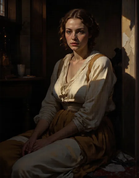 <lora:bear:1>, Rembrandt style full body shot of, <lora:SuperModel-V8:0.5>, This is a highly emotive, realistic oil painting that captures the raw vulnerability of a woman sitting in near-total darkness, her presence both intimate and profound. The scene invites viewers into her private moment of weariness, creating an unspoken connection through her steady gaze., Subject Description, Figure : The woman has a full-bodied frame, with soft curves that reflect strength and warmth. Her posture conveys exhaustionâslightly slouched but still upright, as if sheâs trying to maintain dignity despite her fatigue. Her small breasts are natural and unaltered, adding to the authenticity of her form., Skin Tone & Complexion : Her skin glows faintly under the dim light, revealing subtle imperfections such as faint freckles or lines around her eyes, which enhance her humanity. A pale sheen of sweat glistens on her forehead, hinting at physical exertion or emotional strain., Hair : Her hair falls loosely over her shoulders, framing her face in a way that draws attention to her expression. It may be slightly disheveled, reflecting her state of mind., Expression, Her face carries a look of quiet contemplation mixed with exhaustion. Her eyes, though weary, lock onto the viewer with unwavering intensity, creating a sense of intimacy and shared understanding. Thereâs no smile, nor frownâjust a neutral yet deeply meaningful stare that feels almost confrontational in its honesty., Pose, She sits directly facing the viewer, knees bent and feet flat on the ground. Her arms rest lightly on her thighs, fingers relaxed but not entirely limp. This straightforward pose emphasizes her openness and vulnerability, inviting the audience to meet her gaze without distraction., Lighting & Background, The setting is shrouded in deep shadows, with only a minimal source of light illuminating her figure from the front. This could be a single candle or the faint glow of moonlight filtering through a nearby window. The background is almost entirely obscured by darkness, allowing the woman to dominate the composition. However, hints of textureâa rough stone wall or worn wooden floorâcan peek through the shadows, grounding the scene in reality., Atmosphere, The mood is introspective and somber, underscored by the stark contrast between her illuminated form and the surrounding gloom. The absence of color (apart from the warm tones of her skin) enhances the sense of isolation and focus, drawing all attention to her presence and expression., Details, Texture : Pay close attention to the textures of her skin, hair, and the surfaces around her. Every wrinkle, strand of hair, and grain of wood should feel tangible, pulling the viewer deeper into the scene., Color Palette : Use muted earthy tonesâsoft browns, grays, and creamsâfor her skin and surroundings. Any highlights should remain subtle, preserving the subdued atmosphere., Emotional Weight : Convey her weariness not just through her posture but also through her facial musclesâthe slight sagging of her eyelids, the gentle tension in her jaw, and the way her lips part ever so slightly as if sheâs about to speak but holds back., Overall Style, The painting adheres to the principles of classical realism, focusing on precise anatomy and lifelike detail while infusing the piece with modern psychological depth. Its simplicity belies its complexity, offering layers of meaning for those who take the time to engage with it fully., . Whole outfit, clear, sharp, balanced . Baroque, chiaroscuro, realistic, emotional, "flat lighting, <lora:Guin-FluxX:0.5>, Guin