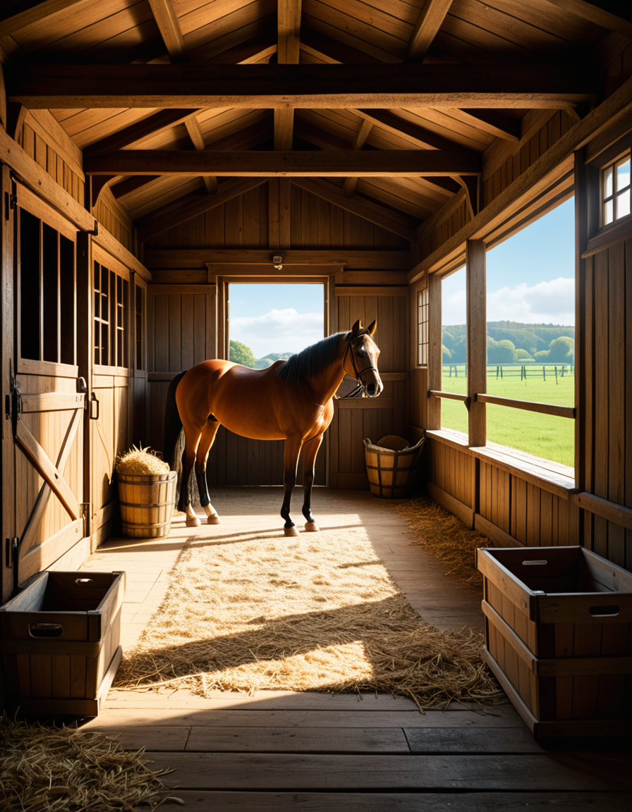A rustic horse stable in the countryside, built with aged wooden beams and stone foundations, bathed in warm golden sunlight. The stable doors are slightly open, revealing the soft hay-covered floor inside. Horses stand calmly in their stalls, their glossy coats catching the light. Dust particles float in the air, illuminated by the sunbeams filtering through the gaps in the wooden planks. The atmosphere is serene, with a vintage, timeless feel. Weathered saddles and bridles hang neatly on the stable walls, and an old wooden cart sits nearby. The background features rolling green fields and a clear blue sky, creating a peaceful rural setting. Ultra-detailed, photorealistic, warm tones, cinematic lighting, sharp textures.
<lora:SDXLFaeTastic2400:0.4> <lora:extremely_detailed:0.4> extremely detailed,<lora:rustic_horse_st4bl3:1>,rustic horse st4bl3, Masterpiece,best quality,hi res,8k,hi res,8k,award winning,(sharp focus, intricate, highly detailed),