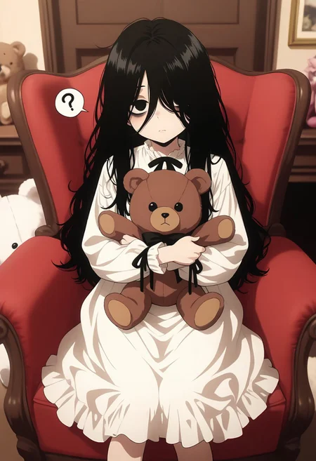 masterpiece, best quality, amazing quality, LDSCH, aesthetic, 1girl, ?, stuffed_toy, barefoot, stuffed_animal, solo, hair_over_one_eye, spoken_question_mark, dress, white_dress, black_hair, long_hair, looking_at_viewer, sitting, holding, indoors, teddy_bear, holding_stuffed_toy, closed_mouth, black_eyes, black_ribbon, chair, long_sleeves, ribbon, bags_under_eyes