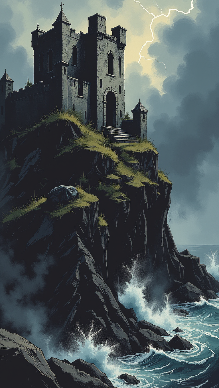 d4rkc0mic . An ancient castle, now in ruins, sits atop a rocky cliff overlooking a stormy sea. The castleâs walls are crumbling, and ivy has overtaken much of the stonework. The sky is dark and overcast, with flashes of lightning illuminating the jagged rocks below. Waves crash violently against the cliff, sending sprays of water high into the air
  <lora:dark-comic:1.0>