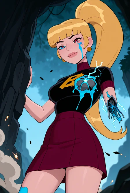 <lora:mazuma-10:1> mazuma, blonde hair, ponytail, long hair, 1girl, earrings, black shirt, short sleeves, short skirt, red blue eyes, heterochromia, lips, maroon skirt, ((cartoon, screencap)), dynamic pose, expressive, amazing quality, best quality, facial expression , nature background, leaning against rock, blue blood, smiling, amputated arm, from below, <lora:damagedrobot_v27-noobxl_eps-08:1> missing arms, broken arms, broken legs, damaged head, damaged chest, cracked belly, cracked neck, electricity, sparks, smoke, foreground blur, background blur, falling leaves,, masterpiece, best quality, amazing quality, very aesthetic, absurdres, newest,