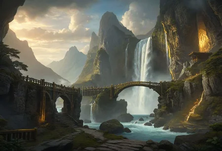 masterpiece, best quality, ultra detailed, professional light, cinematic lighting, ambient lighting, atmospheric effects, epic landscape, high fantasy, waterfall, mountains, cliff, bridge, Kintsugi style path, clouds