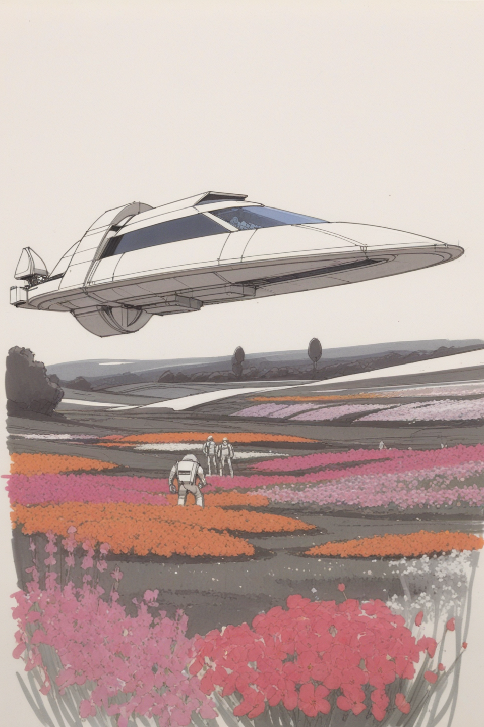 ink markers, colored drawing sketch of a space ship landing in a field of flowers, concept art by syd mead, <lora:concept_art_syd_mead:0.9>