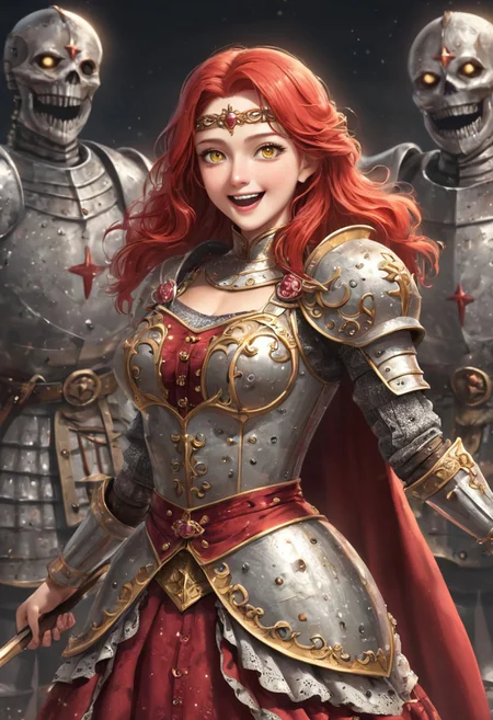 (best quality) , (highly detailed) , (best quality) , (highly detailed) ,((masterpiece)), ((best quality)), (ultra-detailed), ((extremely detailed)), (high resolution), 4K, (8K), best quality, (beautiful), (dynamic lighting), (super detailed skin), sharp focus, 1girl
<lora:fana_v1:1>,fana,circlet,red hair,yellow eyes, smiling, long hair
<lora:Fixhands_anime_bdsqlsz_V1:1>,
BREAK
 smile, cape, open mouth, laughing, smiling, upper teeth, confident, pauldrons, sitting, holding sword, armored boots,(((medieval armor,adventurer armor))),((,embroidered clothes,ornate armor, renaissance armor,))) (((lustrous skin:1.5,bright skin: 1.5,skin,shiny skin,very shiny skin,shiny body,plastic glitter skin,exaggerated shiny skin,illuminated skin))),(detailed body,(detailed face)), Standing, hands on cheeks