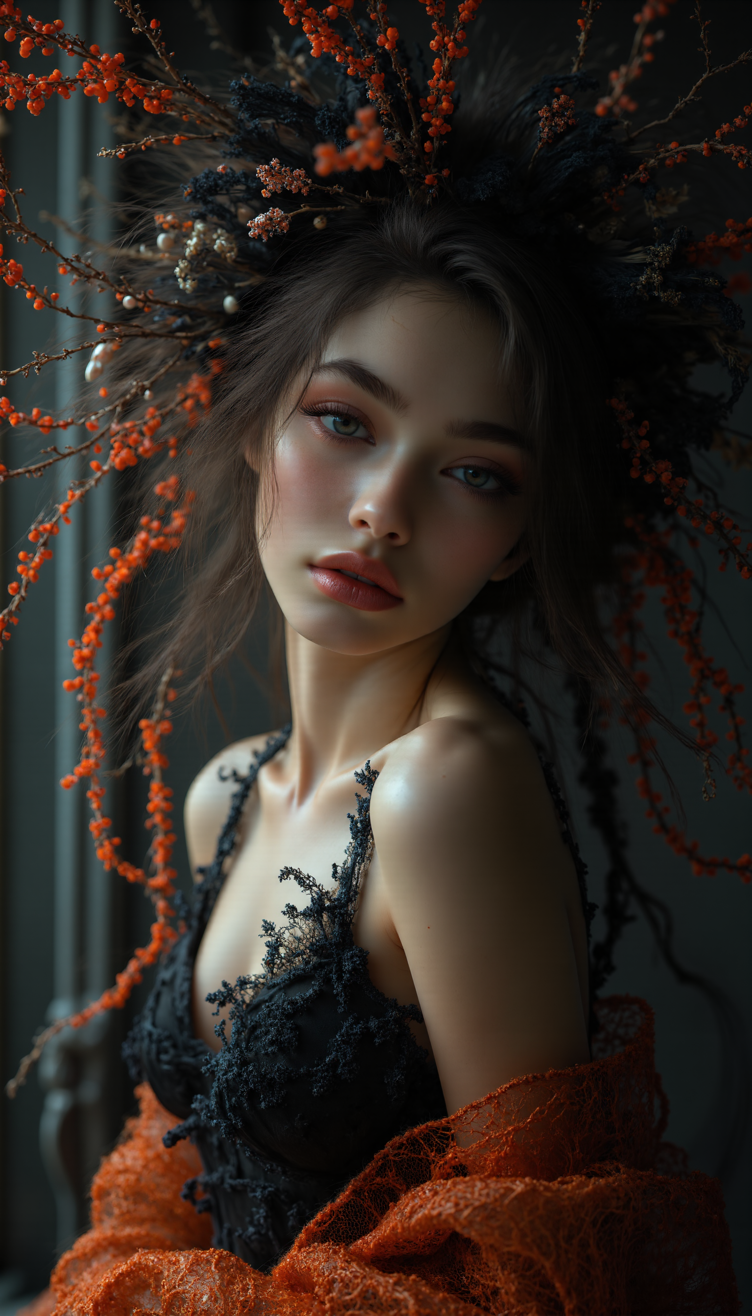 Midjourney_Whisper, A hyper-realistic portrait of a stunning supermodel, featuring a beautifully detailed face with captivating eyes and a serene expression. The image showcases her natural beauty, focusing on her flawless skin and delicate features. The composition blends modern and traditional elements with a neo mode, avant-garde style, characterized by elegant lines, vibrant colors, and exquisite details. Her hair is styled in an intricate and unique fashion, adding to her ethereal and timeless aura. The lighting enhances her features, creating a soft interplay of light and shadow, while the high-resolution quality captures every detail with photorealistic clarity, arched back pose, (three quarter view:0), (from below:0.2), (dutch angle:0.2),close-up, face focus, facing away, <lora:midjourney_whisper_flux_lora_v01:1>,