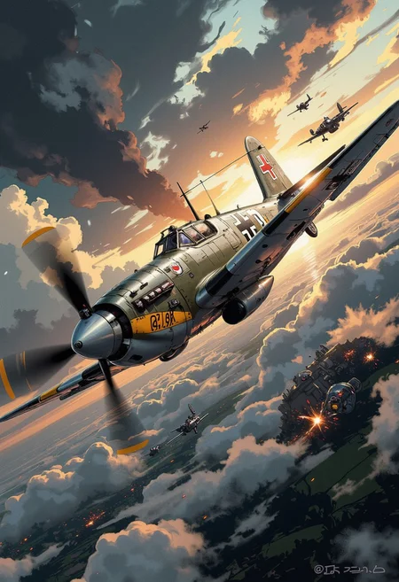A hyper-detailed 2D illustrator art wallpaper captures the epic, heroic moment of a WWII-era Messerschmitt Bf-109 in action. The iconic fighter plane dominates the scene, its sleek, angular fuselage forged from polished steel and aluminum alloy, reflecting the muted glints of light from a dramatic, storm-laden sky. Intricate panel lines and rivets emphasize the craftsmanship of this legendary aircraft, while subtle weathering and battle-worn details narrate its storied history in the skies.
The Bf-109's powerful wings extend outward, their undersides painted with sharp, bold insignias and accented by faint scarring from combat. Its propeller spins in a blur of motion, cutting through the air with precision and evoking a sense of raw power. The cockpit canopy glints faintly, revealing hints of intricate controls and the silhouette of a determined pilot within. The Iron Cross Emblem on the body.
The dramatic cloudy sky provides a breathtaking backdrop, swirling with deep grays, ominous blacks, and streaks of fiery orange and gold as the sun pierces through the chaos. Layers of mist and dynamic lighting add depth and movement, amplifying the intensity of the scene. This masterpiece blends ultra-realistic details with rich textures and atmospheric realism, rendered in stunning 32k resolution, ensuring a cinematic and immersive viewing experience. A truly high-quality, official-art-style composition that embodies power, artistry, and timeless heroism.