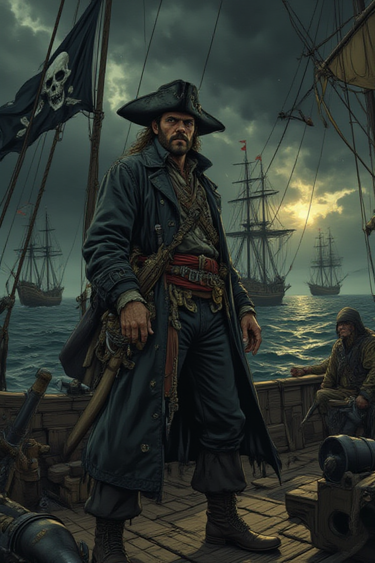 illustration, cartoon, anime, manga, drawing, A fierce pirate captain standing confidently on the deck of a pirate ship, with the Jolly Roger flag flying high above. He wears a tricorn hat, a long coat, and a sash filled with pistols and daggers. The sea is rough, and the sky is dark with storm clouds. Crew members scurry about, adjusting sails and preparing cannons. In the background, a rival ship approaches. The style is adventurous and dramatic, with dynamic lighting and detailed textures bringing the scene to life