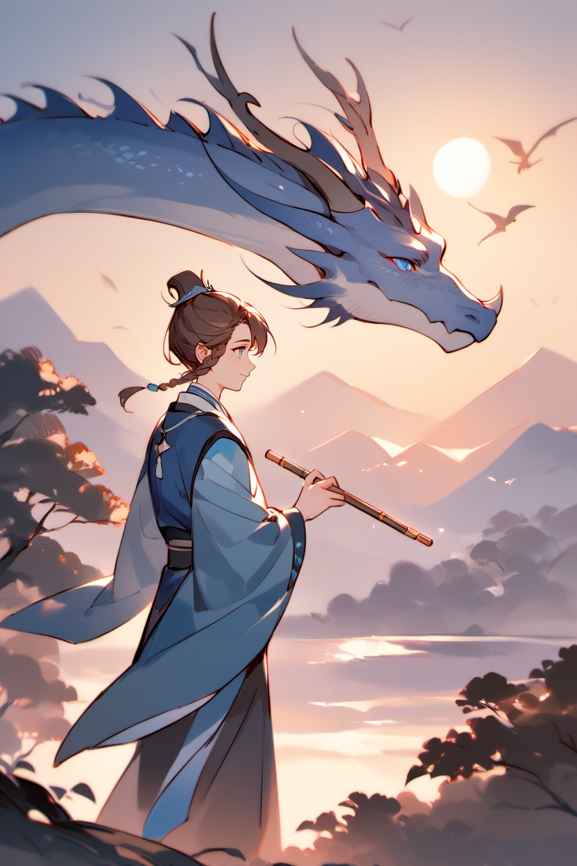 score_9, score_8_up, score_7_up, masterpiece, best quality, young boy
sky, sunshine, tree,
hujia, single hair bun, twin braids, brown hair, blue eyes, swept bangs, solo, long sleeves, kitsunehanfu, 1boy, holding, standing, male focus, outdoors, sky, cloud, wide sleeves, from behind, profile, instrument, sunset, dragon, flute, green hanfu
 <lora:HuJiaPonyV2:1>