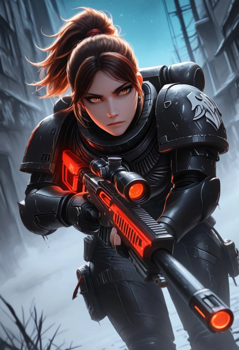 masterpiece, best quality, high quality, newest, highres, 8K, HDR, absurdres, dynamic angle, realistic, 1girl, wearing edgRG_(power armor), pauldrons, raven emblem, solo, 1girl, Mai Ganeko, red_brown hair, ponytail, brown eyes, perfect eyes, perfect face, holding a sniper, silhouette, DMZ, creepy, backlit, haunted, night sky, fog, mist, cold, dutch angle, dark outside, solo, close up, mid shot, dutch angle, <lora:edgIllustriousXL_Raven_Guard:1>