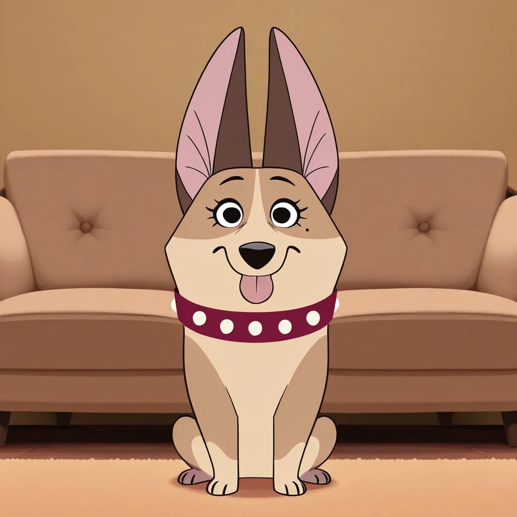 Clarissa(101), Solo, 1girl, feral, dog, Welsh Corgi, tan fur, brown ears, black eyes, mole under eye, black nose, short tail, red collar, looking at viewer, full body, tongue out, sitting, living room background