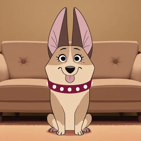 Clarissa(101), Solo, 1girl, feral, dog, Welsh Corgi, tan fur, brown ears, black eyes, mole under eye, black nose, short tail, red collar, looking at viewer, full body, tongue out, sitting, living room background