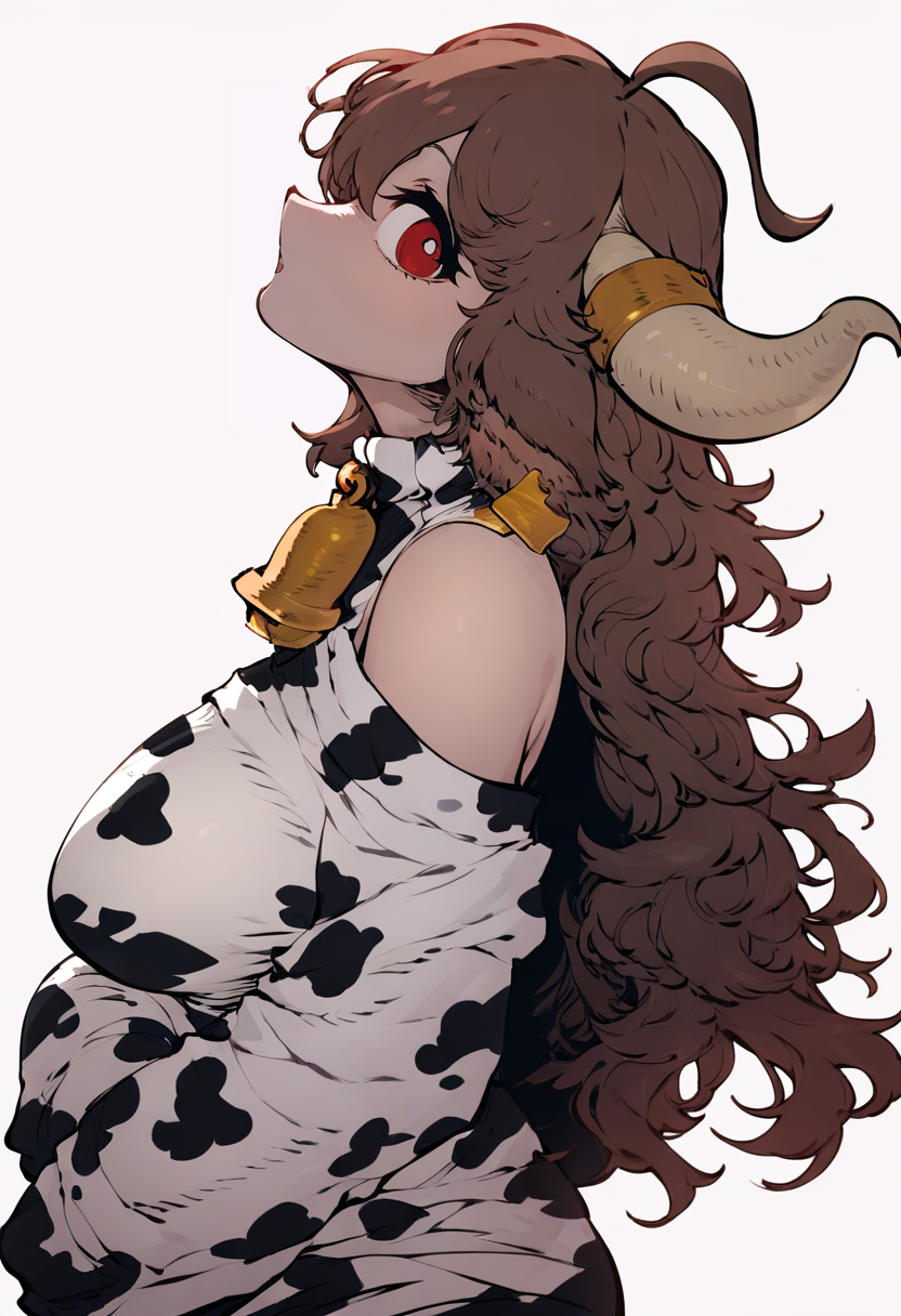 score_9, score_8_up, score_7_up, score_6_up, <lora:SSAMBAteaXL_P6_lokr_V53P1:0.95> 1girl, horns, bell, red eyes, animal print, brown hair, animal ears, cow print, long hair, breasts, white background, solo, neck bell, large breasts, from side, off shoulder, looking at viewer, ahoge, simple background, chinese zodiac, cowbell, long sleeves