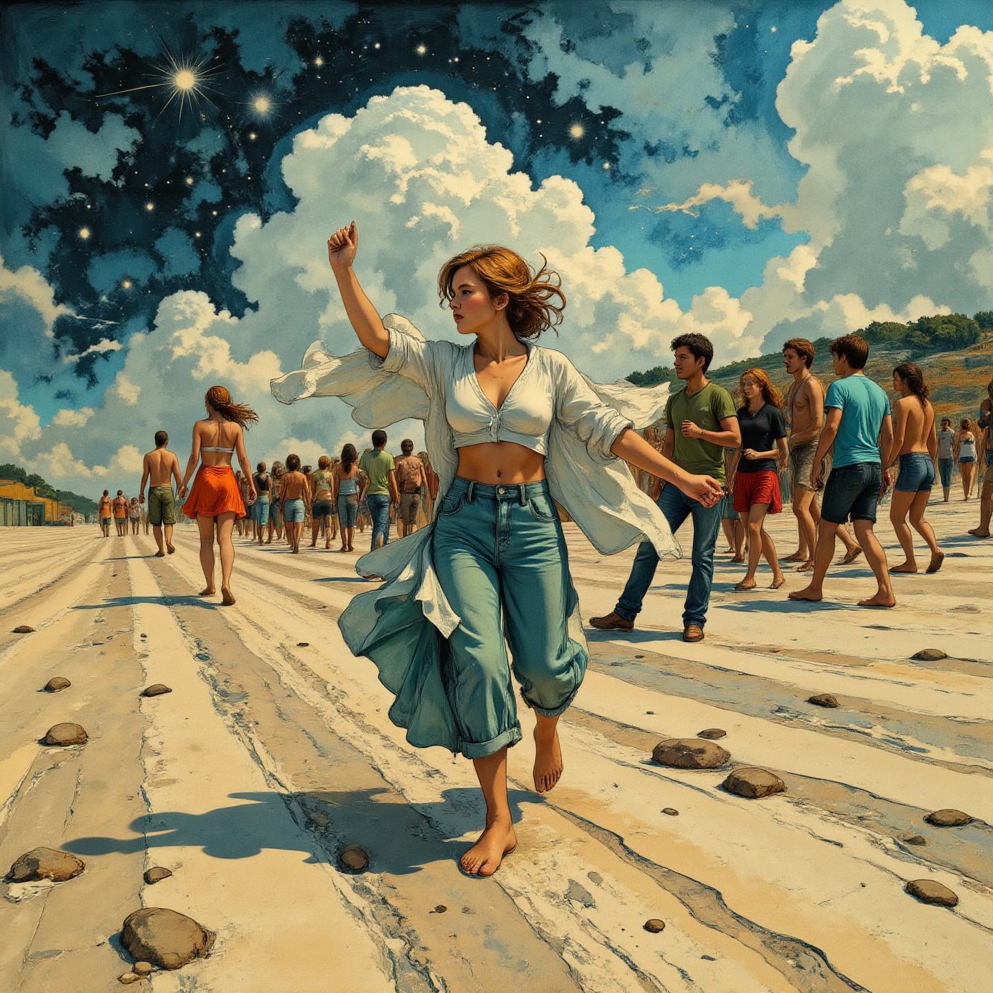 Socialist Realism painting. Ground level wide angle view. dark ages theme. Full body. Old Slovenian fearful heavenly female Ringmaster running a race in a magical beach setting. Intricate white and green and silver Voronoi details. Overall, the scene is busy and is very detailed. Dramatic lighting illuminates the scene from the front. <lora:Charcoal01d_CE_FLUX_AIT:0.6> <lora:Paper_Marbling_Flux:0.5> <lora:아름답고_우아한_r1:0.6> <lora:midjourney_whisper_chromaplex_v1:0.6>