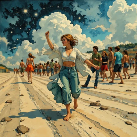 Socialist Realism painting. Ground level wide angle view. dark ages theme. Full body. Old Slovenian fearful heavenly female Ringmaster running a race in a magical beach setting. Intricate white and green and silver Voronoi details. Overall, the scene is busy and is very detailed. Dramatic lighting illuminates the scene from the front. <lora:Charcoal01d_CE_FLUX_AIT:0.6> <lora:Paper_Marbling_Flux:0.5> <lora:아름답고_우아한_r1:0.6> <lora:midjourney_whisper_chromaplex_v1:0.6>