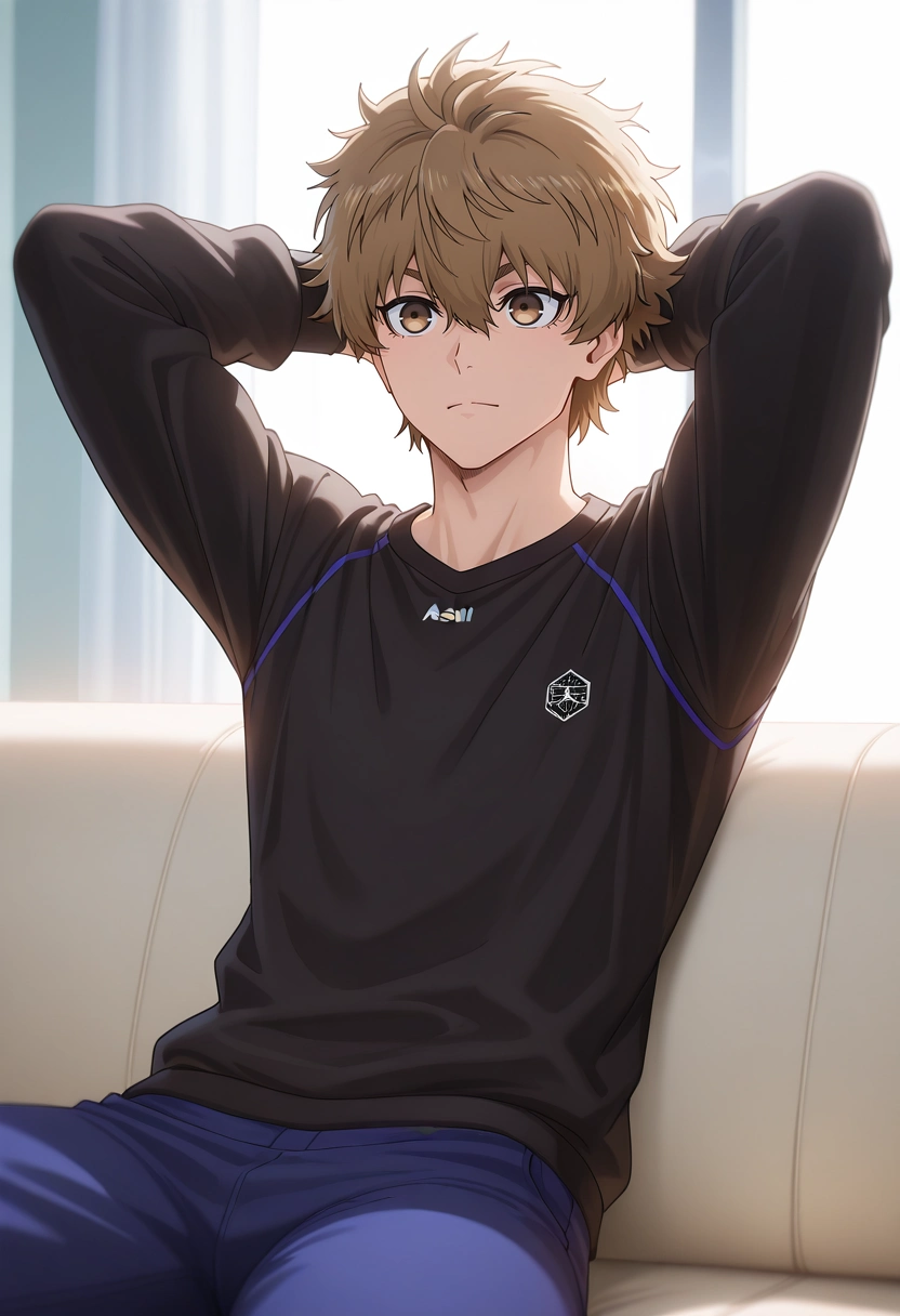 masterpiece, best quality, intricate details, (3d:0.4), , 1boy, solo, male focus, <lora:asahi_naruhaya_ilxl:0.92>, asahi_naruhaya, brown hair, brown eyes, short hair, hair between eyes, bangs, , arms behind head, relaxed pose, content expression, lounging posture, sunlight glow,