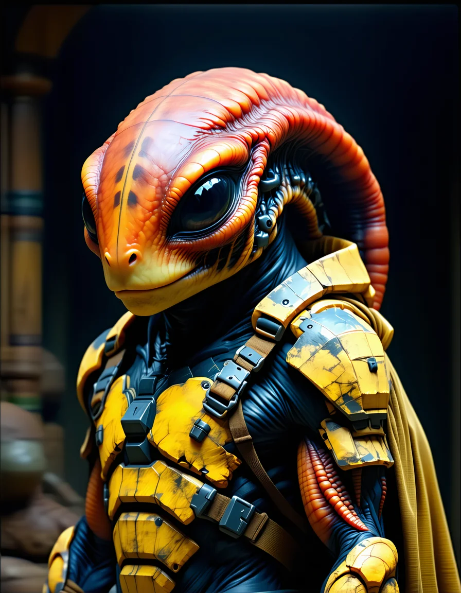 stunning photography, large male alien with reddish leathery skin, alien has small dark eyes, skull has a hard carapace on top like a helmet, hulking physique, face like a turtle, mixture of turtle and lizard features, tribal paint on skull, wearing bulky futuristic combat armor, science fiction