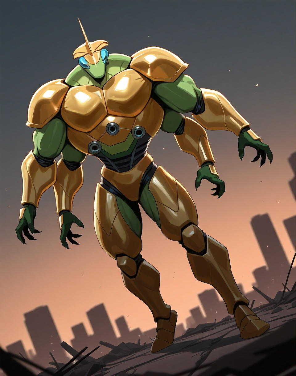 <lora:Ultimate_Katris_(Shinzo)_(Illustrious)_(AD):1.35> Ultimate Katris, muscular, mantis, Shinzo, 
((
exterior, bent leg, anime post apocalyptic city, destroyed buildings, destroyed skyscrapers, buildings laying at an angle or on the side, dutch angle, side view, 
dynamic action, insect anthro, male focus, strong warrior, manly, bounty hunter, villain, glossy gold armor, manly, masculine, 4arms, four armed, hyper muscular, perfect proportions, 
)), 
BREAK: very awe, aesthetically pleasing, masterpiece, best quality, amazing quality, very aesthetic, perfect depth of field shot, gradient coloring, subsurface reflections, source_furry, furry_art, vivid colors, source_anime, masterclass anime,
masterpiece, best quality, amazing quality, very aesthetic, high resolution, ultra-detailed, absurdres, newest, scenery, {Prompt}, BREAK, detailed background, volumetric lighting,
BREAK: lazympos, lazypos (3),