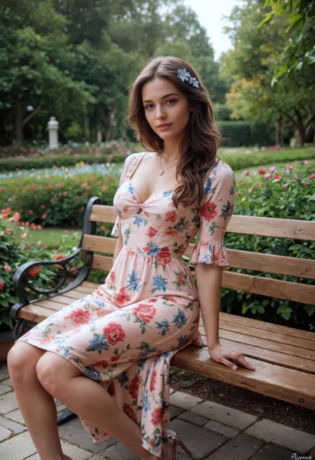 score_9, score_8_up, score_7_up, (masterpiece, best quality, ultra-detailed, realistic), fashion photography,1girl,beautiful woman,sits gracefully a bench,cozy garden,floweres,colorful floral dress