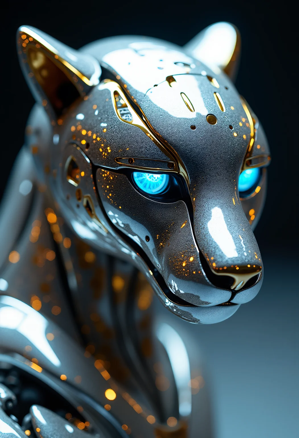 High end auto showroom showcasing a robotic cheetah hybrid animal. the cheetah is made entirely of formula 1 parts. silver and gold details with translucent futuristic details. The vehicle is like a robot cheetah high end auto hybrid. It reflects beautifully in the light with its glossy finish. Close up detail shot on FujifilmX-Pro3-35mmf/1.4R, showroom lighting, blue cybernetic eyes,