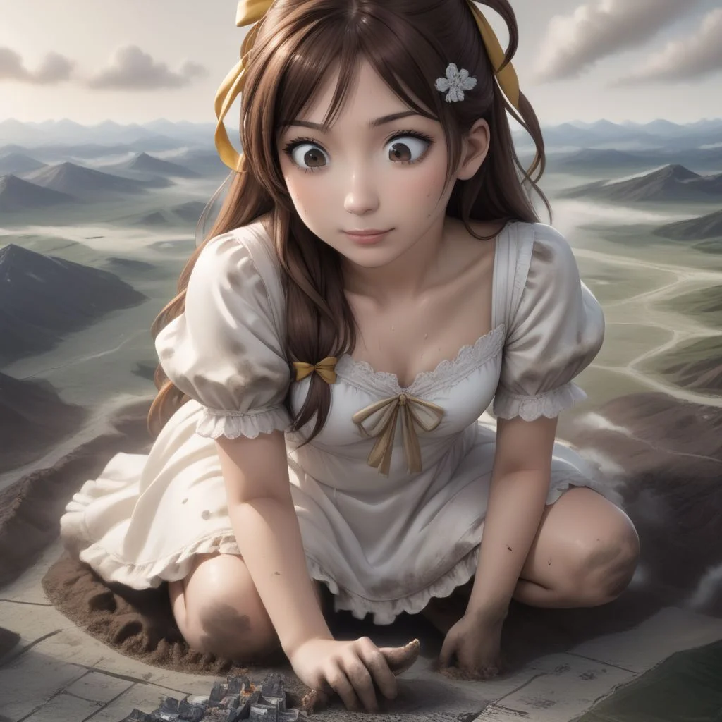 score_9, score_8_up, score_7_up, score_6_up, macro, giga macro, giantess,( 1girl:1.5), solo, solo focus,
(enju aihara, brown eyes, ribbon, hair ribbon,  ribbon, long hair, brown hair, hair ornament, dress, lace dress, short sleeves, white dress, elegant dress, flower girl, flower girl dress, bare legs, barefoot, looking down, sweating, adorable girl:1.3), (kneeling, crouching, on her knees, kneeling down:1.4), smiling, squatting,
(cute female, love, flower girl, flower girl dress, white dress:1.5), 1girl, perfect feet, feet, looking down, (sweat, sweaty, very sweaty, steam, steamy:1.4), (bare legs, barefoot:1.3), toes, (crawling, all fours, crawling on a tiny city, crawling on a tiny landscape, looking down:1.4), (dirty feet, sweaty feet, sweaty soles, steamy feet, dirty soles, feet dripping sweat, feet dripping with sweat, feet steaming, steam around feet, very sweaty feet, sweat on soles:1.3), flower girl, very cute girl, (dirty, digging, dirty feet, smoke around feet, smoke from destruction, muddy legs, mud on feet, dirty dress:1.3),
extreme detail, realistic, realism, masterpiece, perfect lighting, bloom, cinematic lighting, highres, (ultra realistic, 32k, masterpiece:1.2), (high detailed skin:1.1), (high quality:1.1), (detailed background, very detailed background:1.2),
(landscape:1.5), stepping on cities, stepping on a tiny city, stepping on a tiny landscape, tiny landscape, tiny cities, cities everywhere, destruction, mass destruction, from space, view from space,