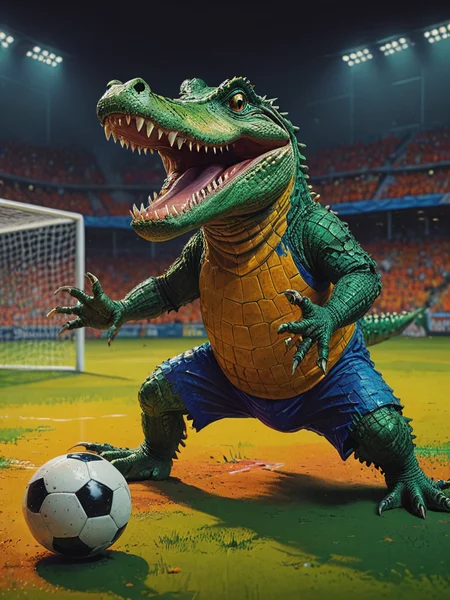 impactful color paint of The happy crocodile is playing the soccer illustration, <lora:Bold_Pop:0.6> ........... highly detailed, vibrant colors , 8k, sharp, professional, clear, high contrast, high saturated, , vivid deep blacks, crystal clear