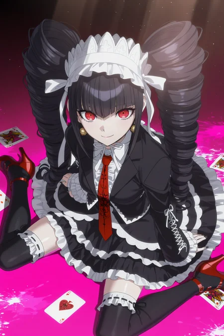 anime screencap, masterpiece, best quality, amazing quality, very aesthetic, absurdres,  newest, (scenery, volumetric lighting),
celestia ludenberg, 1girl, solo, long hair, looking at viewer, smile, bangs, black hair, red eyes, long sleeves, twintails, sitting, closed mouth, white shirt, frills, print necktie, shiny, collared shirt, black thighhighs, black skirt, high heels, shiny hair, black jacket, blood, from above, drill hair, frilled skirt, red necktie, red footwear, twin drills, gothic fashion, center frills, layered skirt, bonnet, playing card, over-kneehighs, frilled thighhighs, blood splatter, pink blood, hand on floor, shoe soles, dappled sunlight, light particles, light particles,
<lora:Celestia_IL:0.8>