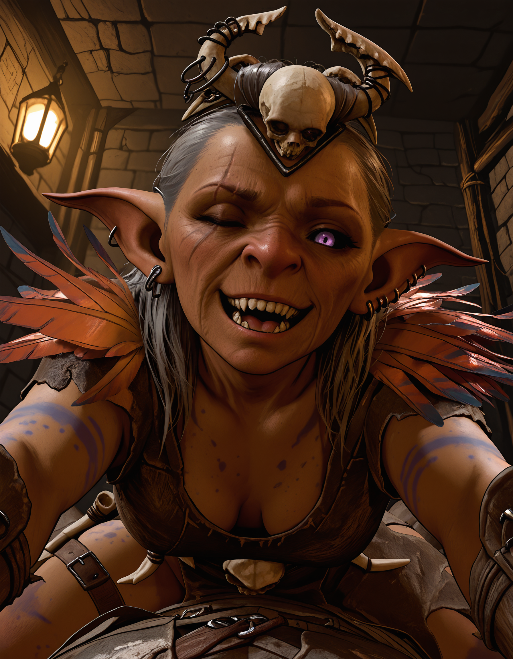masterpiece, best quality, amazing quality, very aesthetic, absurdres, newest, volumetric lighting, <lora:BG3_PriestessGutGT:0.85>, bg3truesoulgut, (shortstack:1.3), indoors, dungeon,
1girl, female goblin, mature female, colored skin, scar on face, right eye closed, grey hair, pointy ears, black sclera, purple eyes, hair slicked back, small breasts, ear piercing, earrings, scar on right eye, skull hair ornament, bone hair ornament, blue tattoos, patchwork clothing, shoulder feathers, bone gauntlets, bone belt, from below, pov, leaning forward, open mouth, evil smile, teeth, reaching towards viewer, cleavage, pov defeat, 1boy, human, straddling