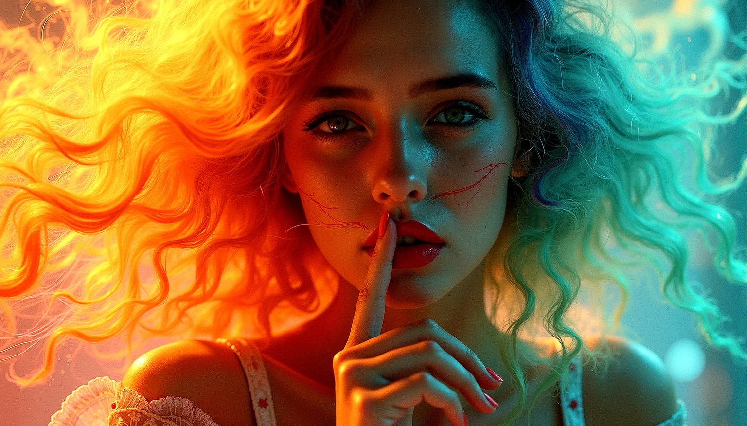 vintage style from 1930s,
Extreme realism in a complex, highly detailed composition featuring a woman with flowing rainbow-colored hair. The glowing background, with its vibrant colors, exaggerated details, intricate textures, and dynamic lighting, creates a whimsical, dreamy atmosphere in photorealistic quality.



Her hand is near her mouth, with her fingers lightly touching her lips, creating a slightly playful expression.

