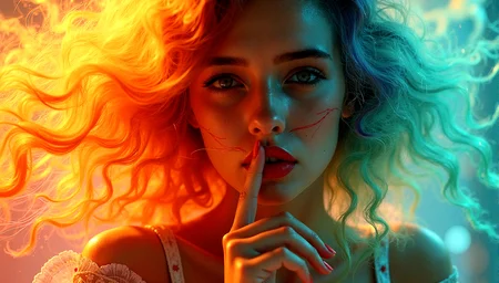 vintage style from 1930s,
Extreme realism in a complex, highly detailed composition featuring a woman with flowing rainbow-colored hair. The glowing background, with its vibrant colors, exaggerated details, intricate textures, and dynamic lighting, creates a whimsical, dreamy atmosphere in photorealistic quality.
Her hand is near her mouth, with her fingers lightly touching her lips, creating a slightly playful expression.