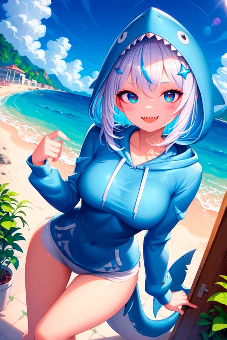 score_9, score_8_up, score_7_up, source_anime,1girl, beautiful detailed eyes, ((masterpiece,best quality)), solo, ((gawr gura)), virtual youtuber, gawr gura 1st costume, sharp teeths, medium hair, white hair, hair ornament, ((hood up)), blue hoodie, shark tail, smile, curvy, head tilt, outdoors, backyard, dynamic action, dynamic angle
