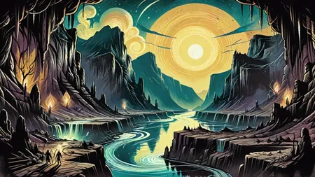 lovecraftian fantasy, D&D, Cluttered Otherworldly wide river from inside of a Canyon, <lora:DonMD4rkT00nXL:1> DonMD4rkT00nXL, <lora:EnvyPanoramaXL01:1>, warm light, modified, beautiful detailed supreme quality color intricate, highly complex, winning
