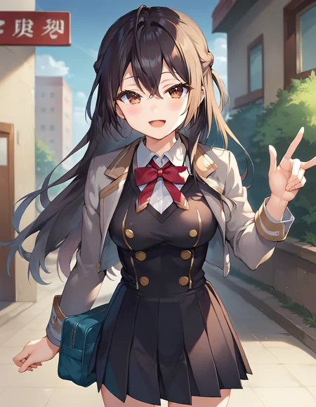score_9,score_8_up,score_7_up,score_6_up BREAK official art,solo,outdoors,cowboy shot,looking at viewer,facing viewer,happy,Suou Yuki,long hair,black hair,french braid,hair between eyes,parted bangs,brown eyes,school uniform,grey jacket,cropped jacket,open clothes,open jacket,wing collar,red bowtie,black dress,pleated dress,double-breasted,collared shirt,white shirt,medium breasts,skindentation,long sleeves,black socks,loafers,brown footwear,<lora:Suou Yuki(tsrdta)-Pony:1.2>,<lora:Smooth Anime Style LoRA XL:0.8>,