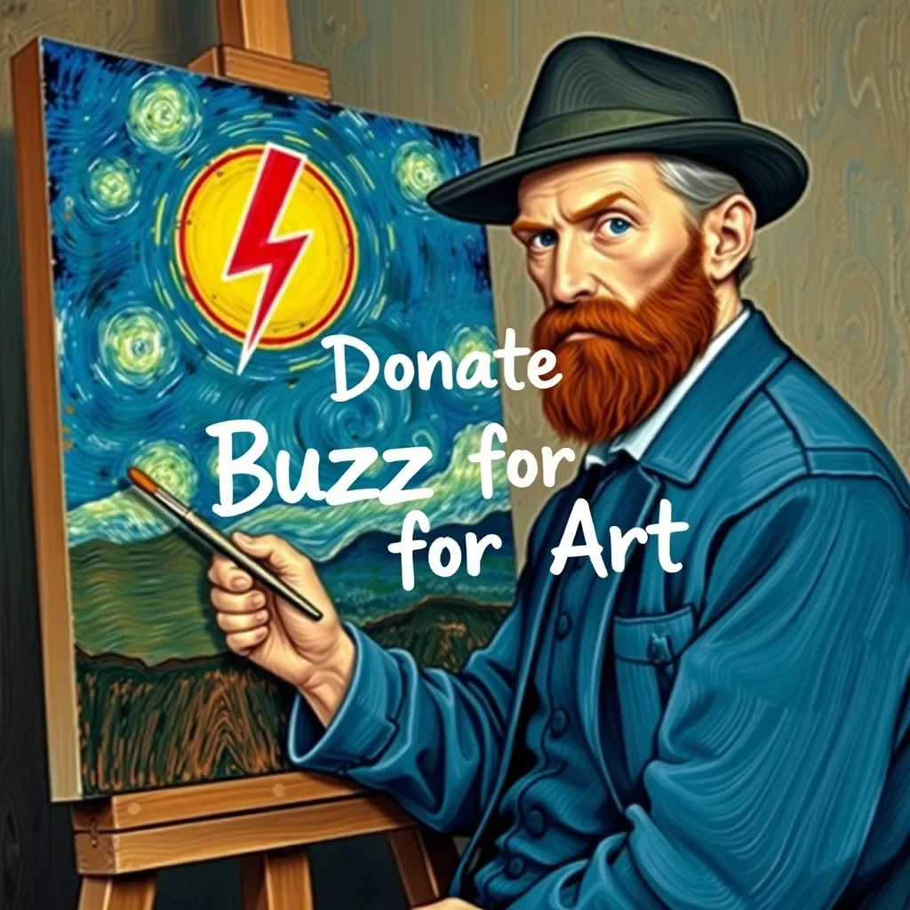 Vincent van Gogh creating a painting on canvas with brush, in 19th century, his painting has a High Voltage sign (⚡) and also text stating "Donate Buzz for Art" painted inside it. The text is painted in artistic font inside the painting