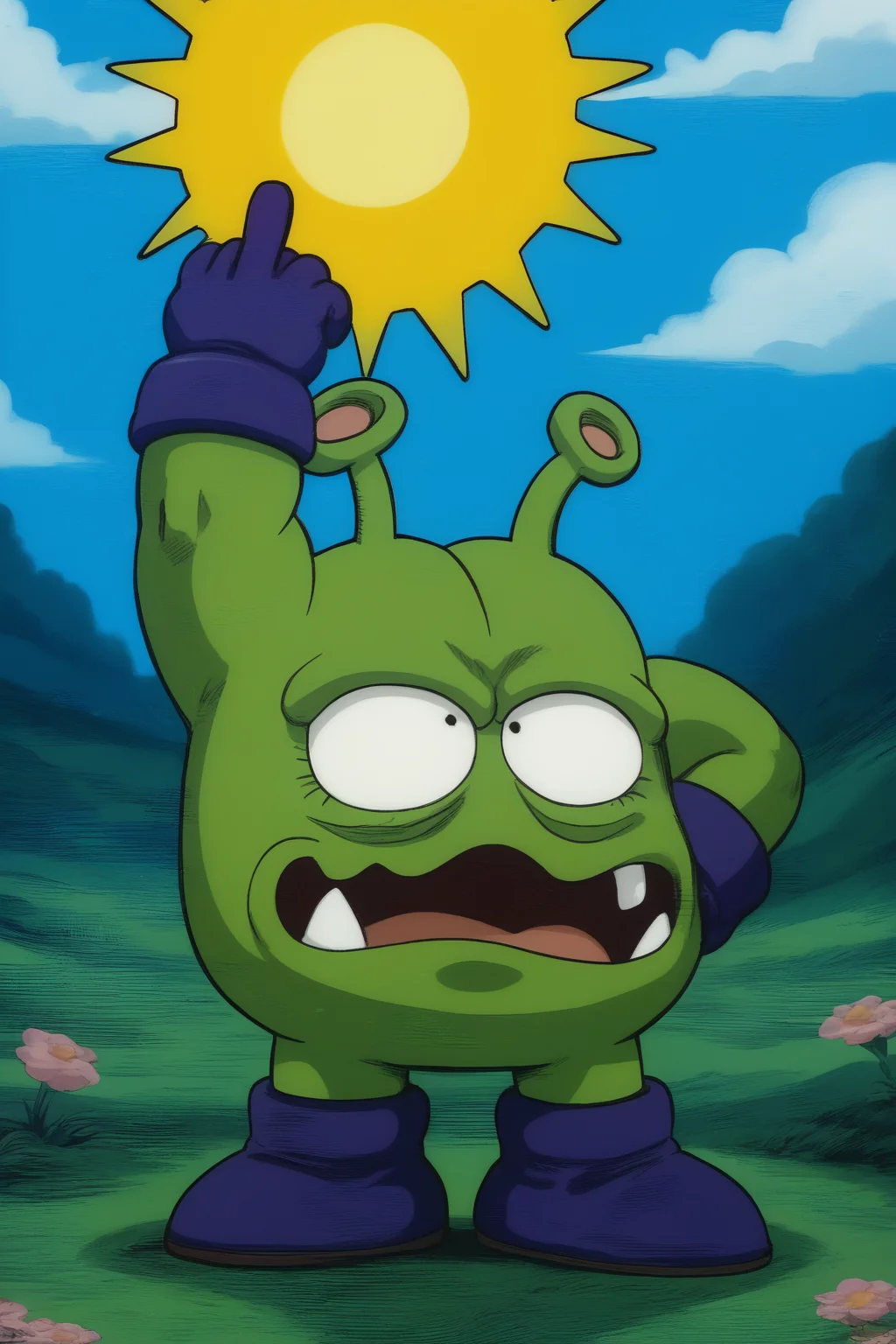 masterpiece, manga, cartoon, lineart, Japanese cartoon, vivid color, high contrast,
<lora:Pony_BTT_NICOCHAN_v01A:1.0>alien, nicochan, happy, green skin, one arm up, middle finger, very short legs, round body shape, open mouth, purple gloves, light on face,
outdoors, cloudy sky, morning light, sun, bird on sky,