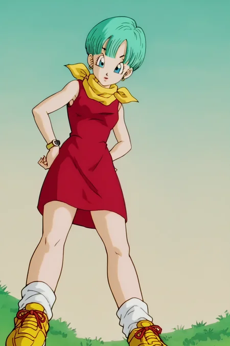 source_anime, score_9, score_8_up, score_7_up, anime screencap,
bulma, 1girl, solo, buu saga, aqua hair, very short hair, bowl cut, blue eyes, wristwatch, yellow scarf, red dress, sleeveless, loose socks, yellow sneakers, grass, field, from below,
<lora:bulma_Z_pony_v1:0.8>