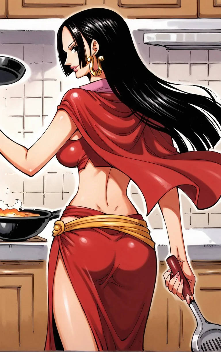 score_9, score_8_up, score_7_up, looking at viewer, BREAK
ARTSTYLE_OnePiece_MangaColored_ownwaifu,
1girl, boa hancock, large breasts, long hair, black hair, jewelry, earrings, midriff, cape, cleavage, long legs, navel, side slit, crop top, no bra, black eyes, groin,
(looking back, from behind, back), cooking, frying pan, kitchen, indoors, <lora:PONYXL_OnePiece_MangaColored_ownwaifu:0.8> , depth of field, solo,