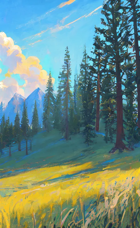 Conceptart,Concept Art,Samia, tree, scenery, cloud, outdoors, sky, day, mountain, grass, nature, mksks style, best quality, perfect