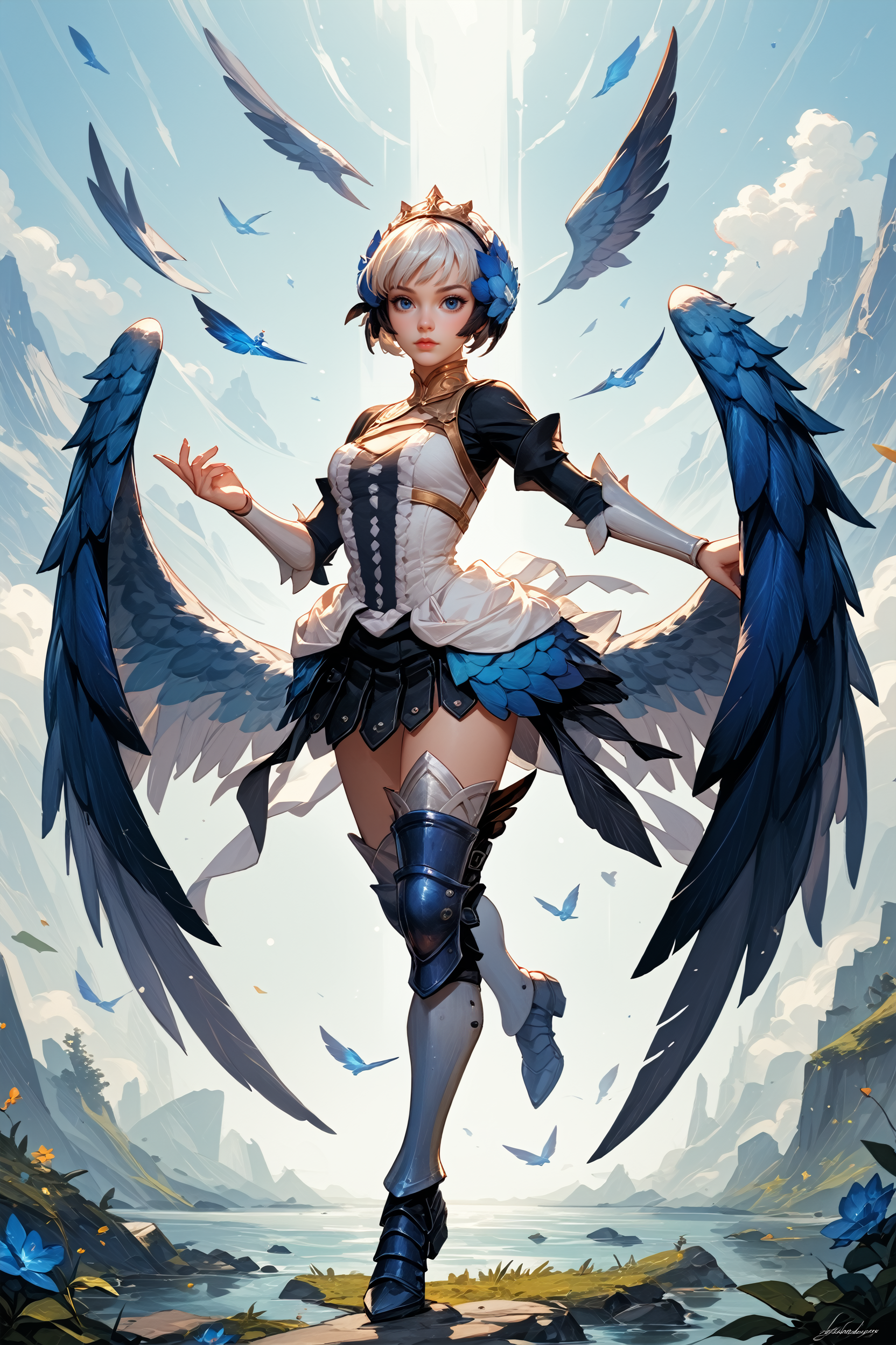 score_9, score_8_up, score_7_up,
<lora:OdinSphereGwendolyn:0.8>
OdinSphereGwendolyn, 1girl, white hair, short hair, blue eyes, hair ornament, wings, armor, full body, dynamic pose, looking at viewer