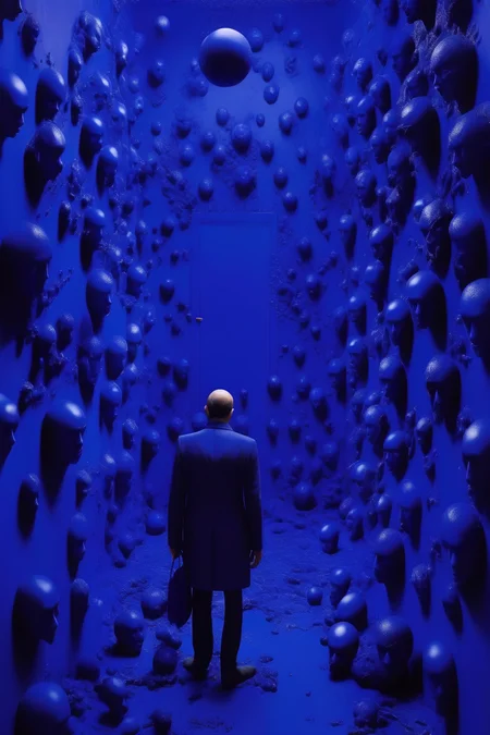 <lora:Yves Klein Style:1>Yves Klein Style - photo of heroes journey through darkness into awakening consciousness. In style of gerhard richter and yves klein blue objects of desire and christian jakowleff and sebastiao salgado