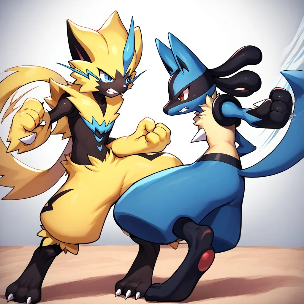 lucario, zeraora, furry, pokemon (creature), duo,score_9, score_8, score_7_up, score_6_up, lucario, standing, fighting stance, full body, from side, kicking, clenched teeth,motion lines,