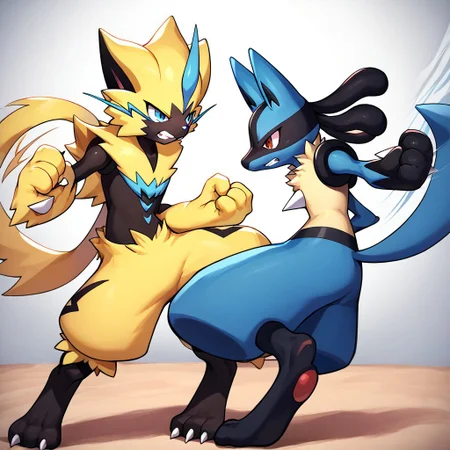 lucario, zeraora, furry, pokemon (creature), duo,score_9, score_8, score_7_up, score_6_up, lucario, standing, fighting stance, full body, from side, kicking, clenched teeth,motion lines,