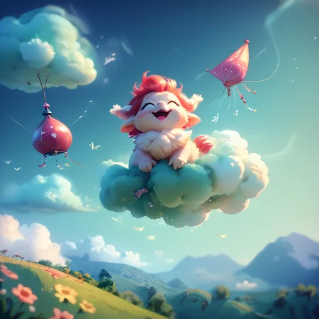core_9, score_8_up, score_7_up, score_6_up, <lora:ArsMJStyle_-_Cute:1> ArsMJStyle, Cute, Little red-haired girl flying a kite shaped like a dragon. Fluffy clouds, green hillside, laughing children below. Whimsical wind effects, bright primary colors, cheerful atmosphere.