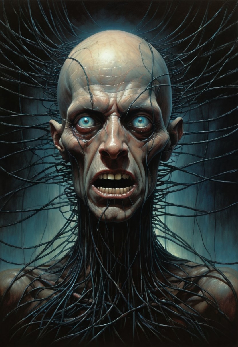 bald pale skinny head with popping eyes black teeth emerging from a lot of cables and veins, low ilumination low hue color on a black pitch background, by zdzislaw beksinski, horror, disturbing