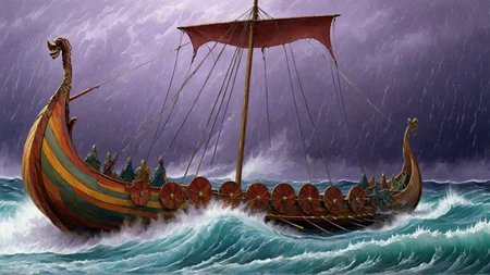 fantasy Fauvism a Viking longboat with a striped sail and round shields on the side, huge stormy waves, brass-toned, cs-h0rsey-01-1000, intricate, crisp lines, <lora:Viking_Ship:1>