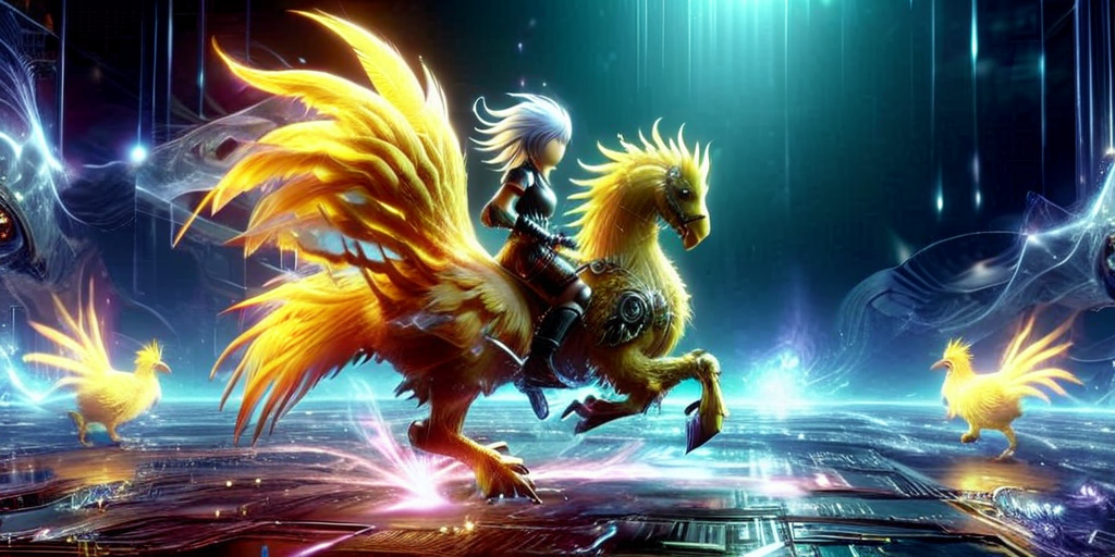 final fantasy 7 chocobo race, <lora:Cyberspace:1> cyberspace, glowing magical energy in cyberspace,