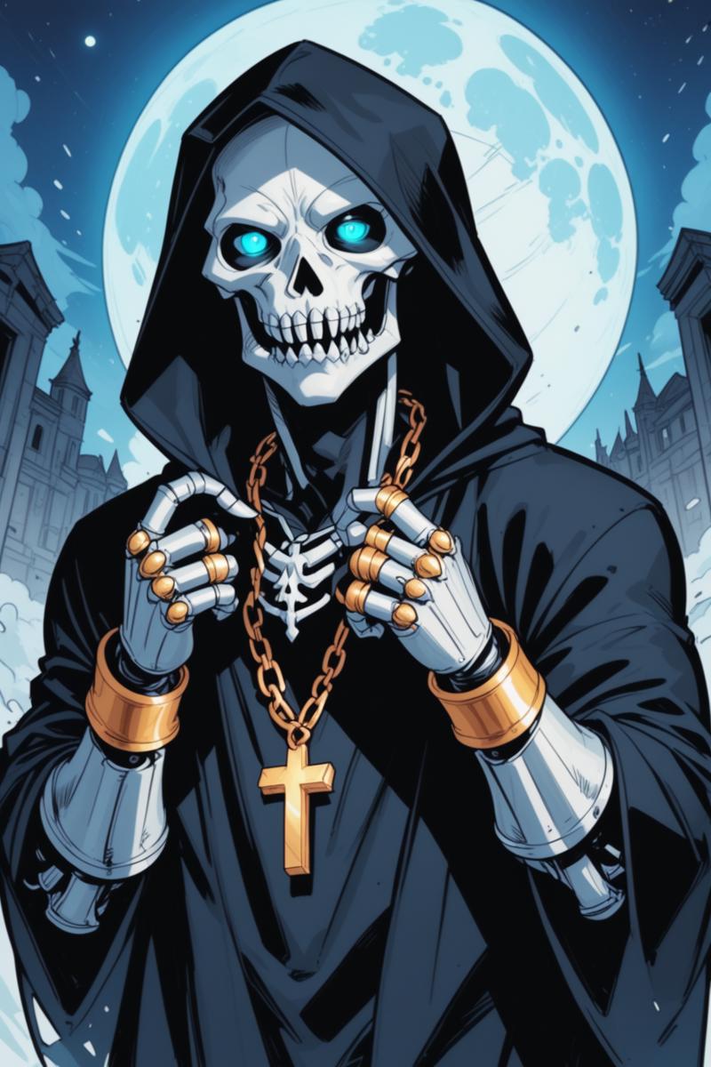 glowing, hood, jewelry, skull, glowing eyes, solo, necklace, 1boy, hood up, moon, robe, cross, male focus, blue eyes, black robe, skeleton, ring, looking at viewer, full moon, cloak, upper body, bracelet, hooded robe, hooded cloak, mask, star \(symbol\), cross necklace, gauntlets, skull mask, black cloak, hands up, chain, multiple rings, straight-on, undead, teeth, gold, armor, artist name,  commix style <lora:COMMIX_epoch_15:1>